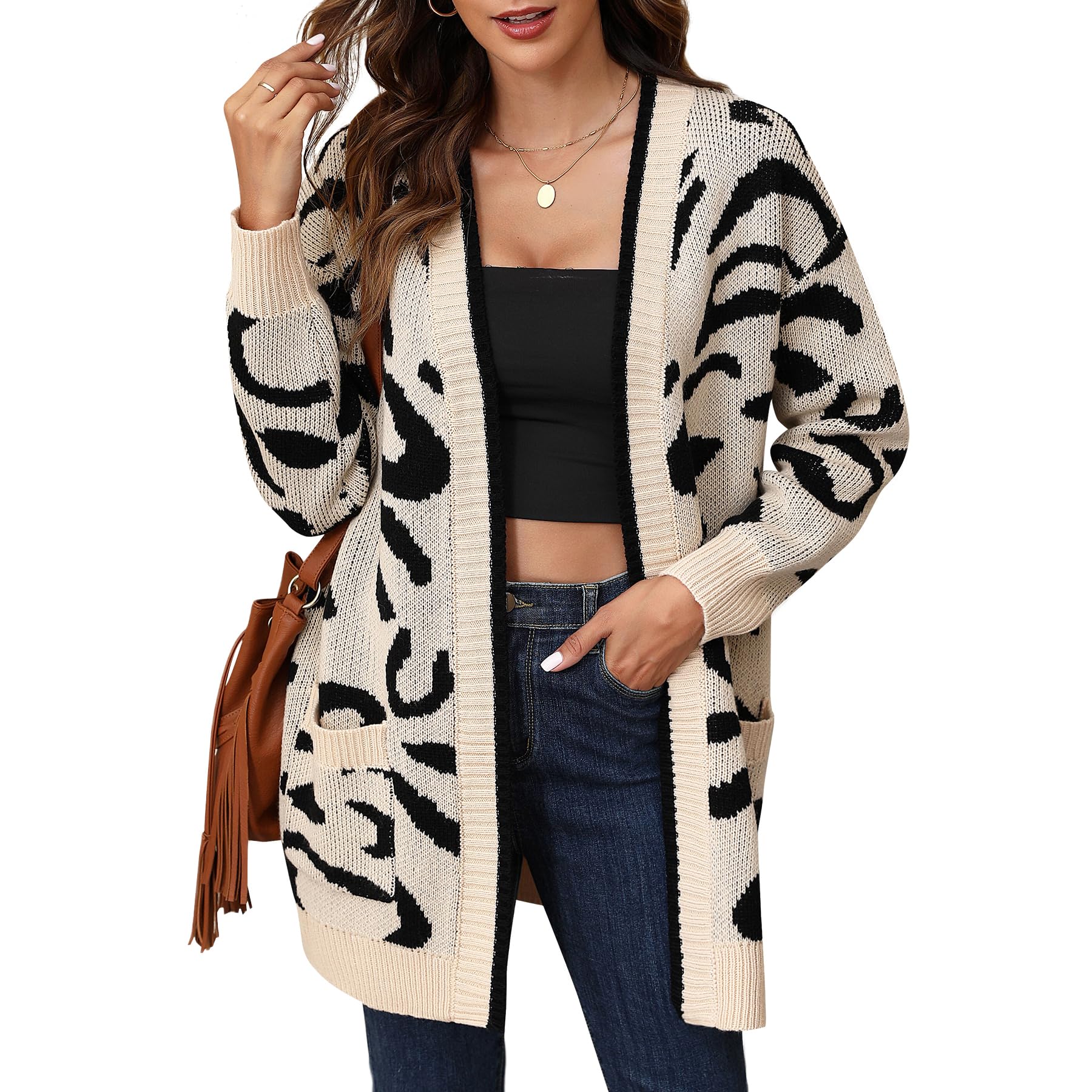 Womens Long Sleeve Animal Pront Cardigan Leopard Knit Sweater Open Front with Pockets Coat S-XL