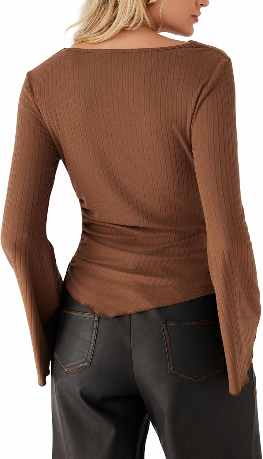 CIDER Long Sleeve Tops for Women Trendy Cowl Neck Asymmetrical Hem Ruched Going Out Tops Spring Fall Fashion - Image 5