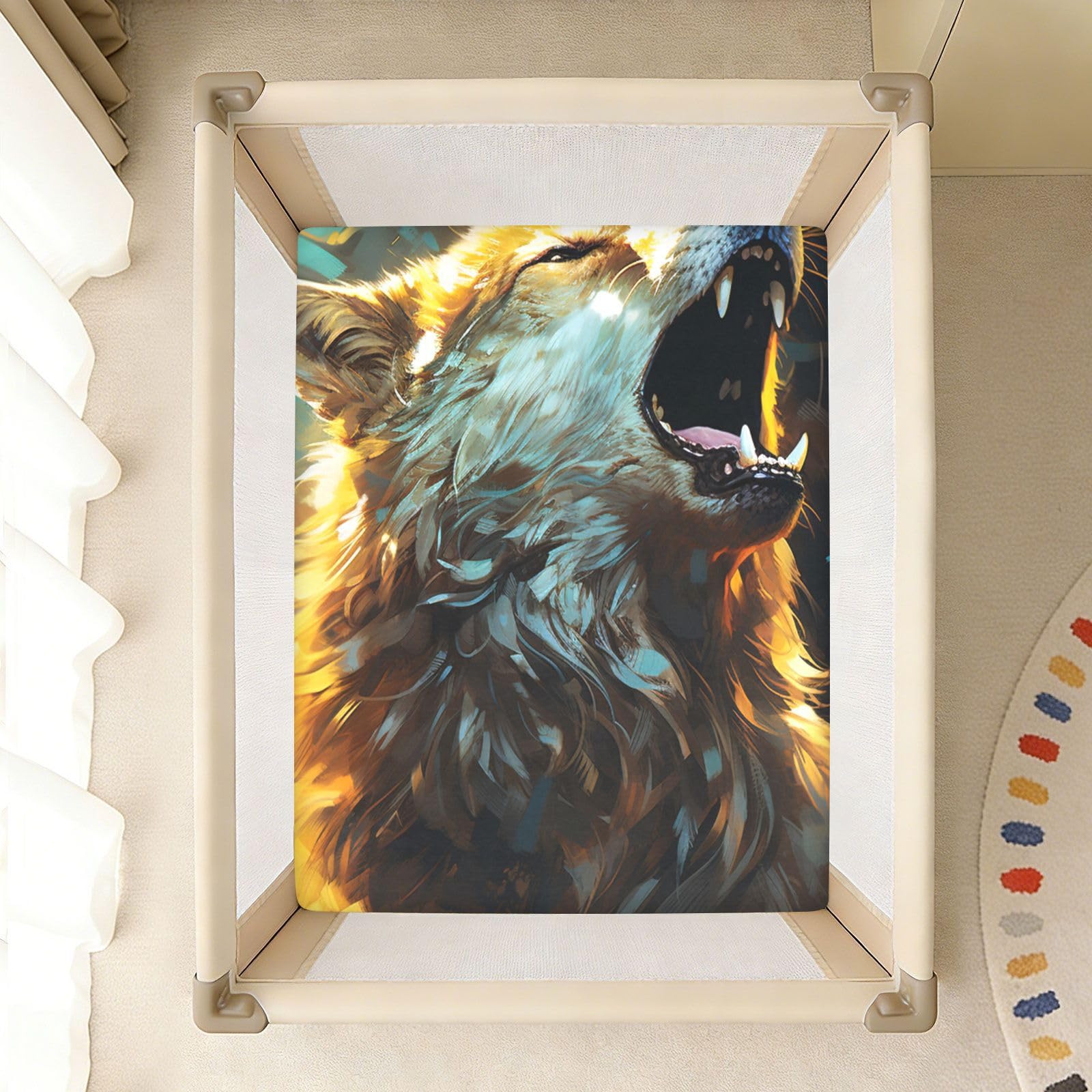 Abstracto Lobo Enojado Amarillo Espacio Sábana de Cuna para Niños Pequeños,Sábanas de Algodón Suave para Bebés Aptas para Colchón Corralito
