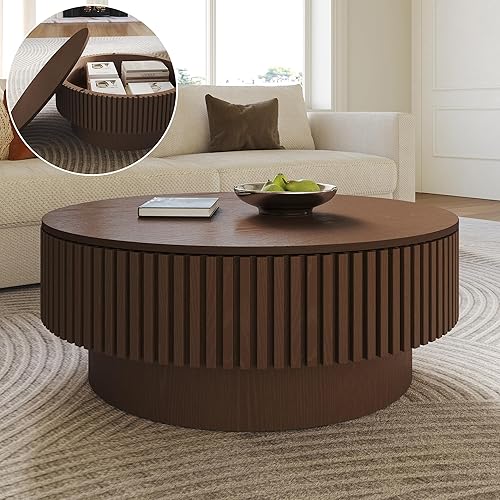 Miniatura 11 de Mesa de centro redonda con almacenamiento, modernas mesas de centro de madera estriada con base resistente, mesa de té central circular de tambor de