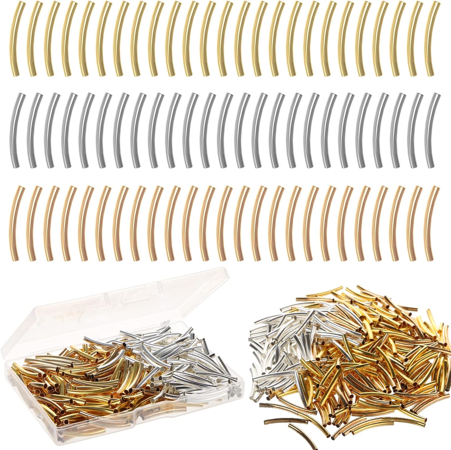 BENBO 300Pcs Curved Noodle Tube Spacer Beads, 25mm Plated