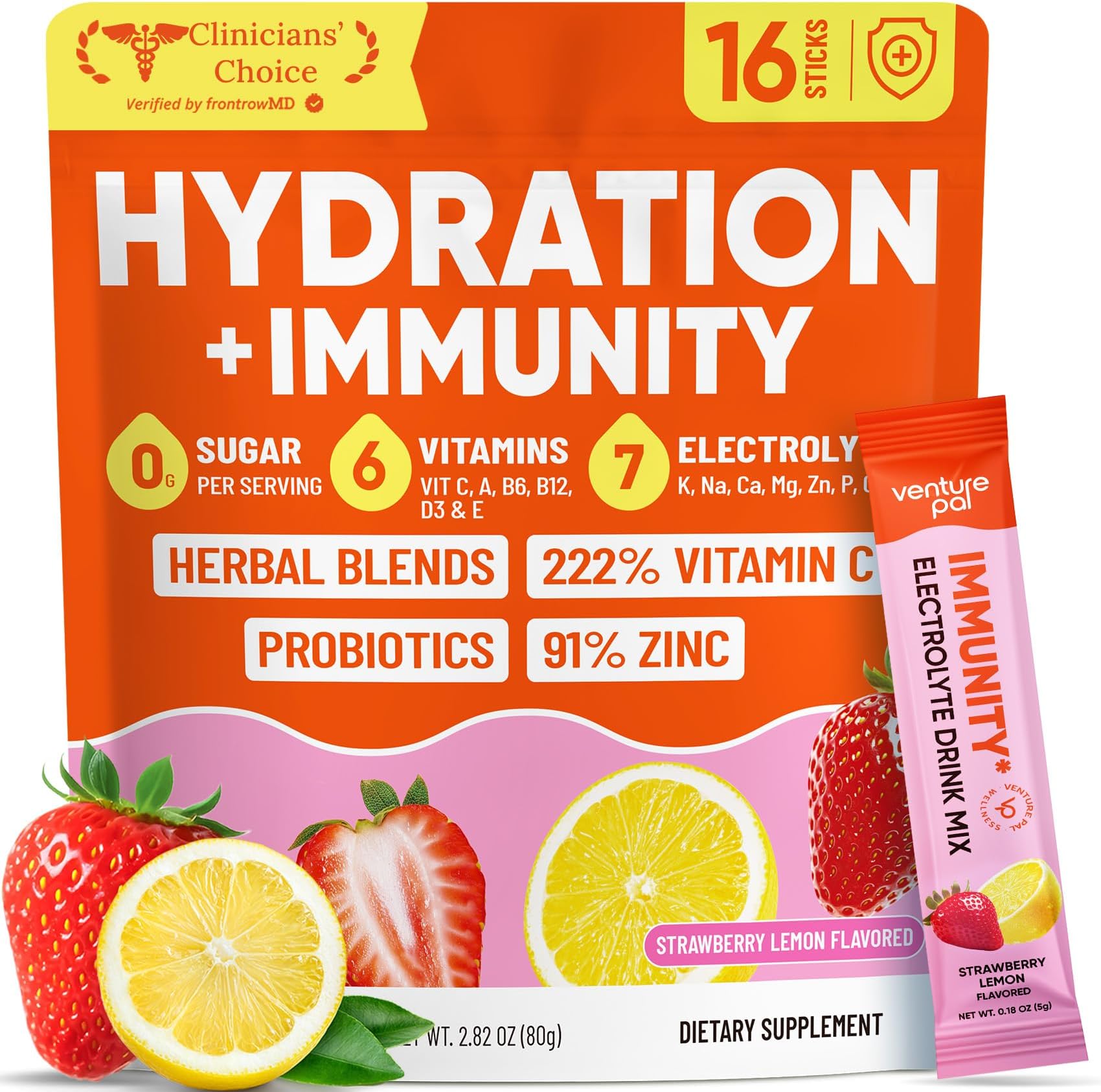 2-in-1 Hydration Packets + Immune Electrolytes Powder with 7 Electrolytes & 6 Vitamins, Elderberry, Echinacea | Liquid Daily IV Drink Mix For Instant Hydration, Sugar Free, Keto, 16 Sticks