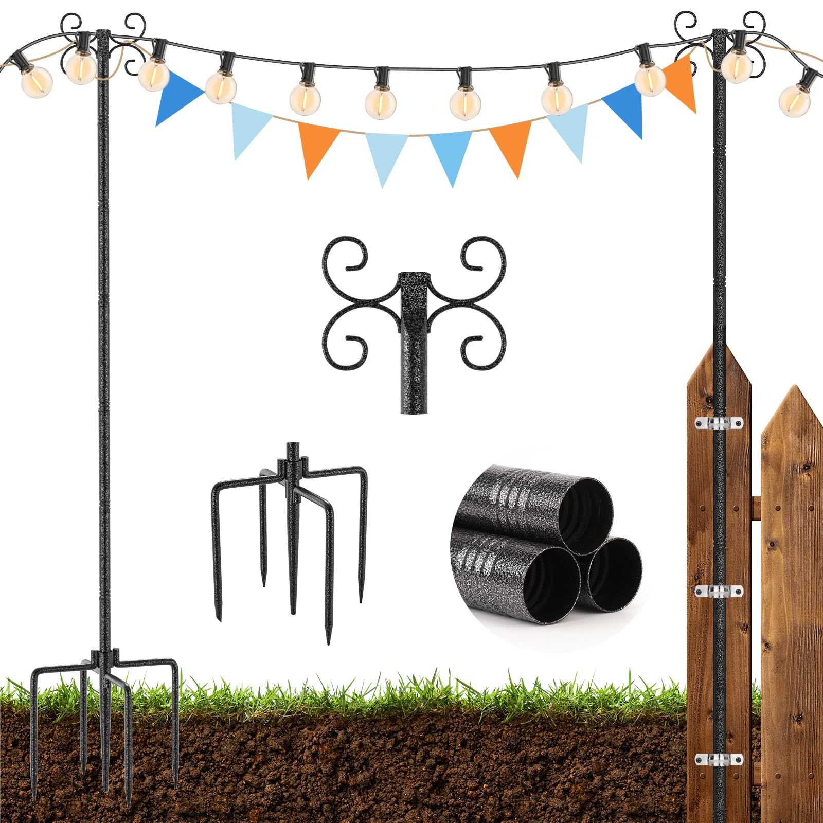 StarryEver Schäferhaken Garten Stangen mit 4-Haken, 2 Stück 3m Höhenverstellbar Heavy Duty Metall Gartenstecker mit Hammerfinish-Oberfläche,Laternenhalter für Laternen Solarleuchten Lichterkette