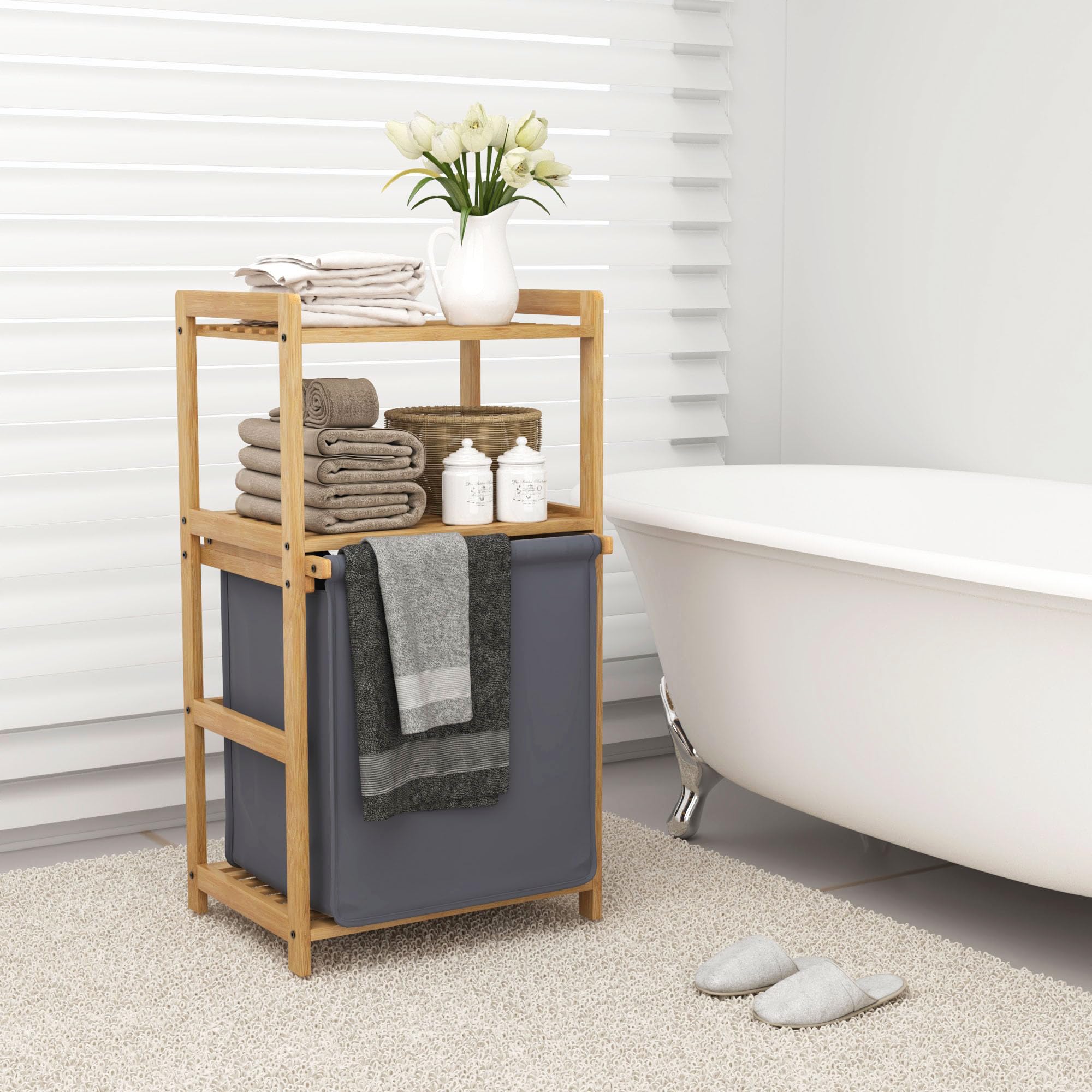 Cesta Ropa Sucia, Mueble Ropa Sucia, Bambú, 80X43X33cm, Compartimentos de 50L, Laundry Basket & Mueble de Lavandería de Baño, con 2 Estantes