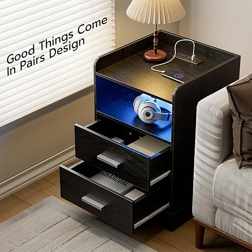 Miniatura 7 de ZttRiee Mesita de noche con estación de carga y luces LED, mesita de noche con 2 cajones, 2 salidas de CA, 3 puertos USB, moderna, para dormitorio,