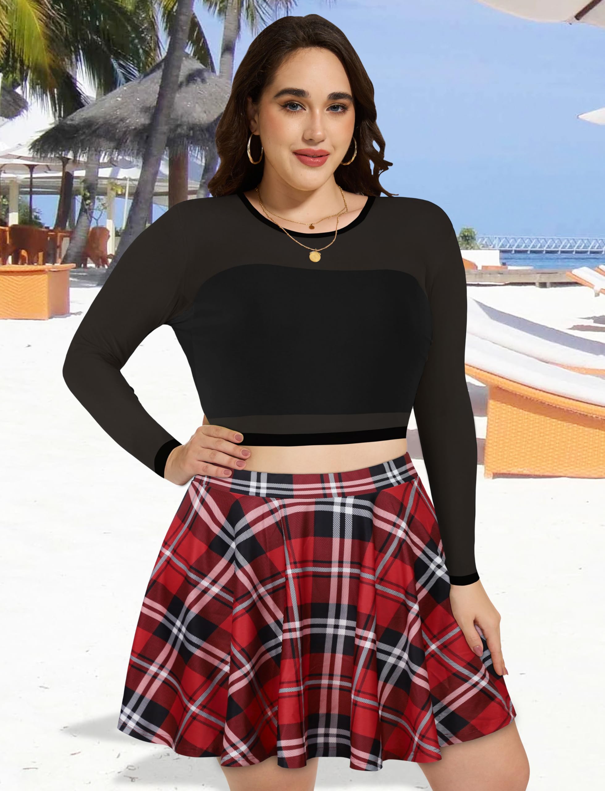 JOELLYUS Plus Size Skirts for Women Summer Pleated Mini Skirt Casual Flowy High Waisted Womens Short Skirts: 4X-Large Red Plaid
