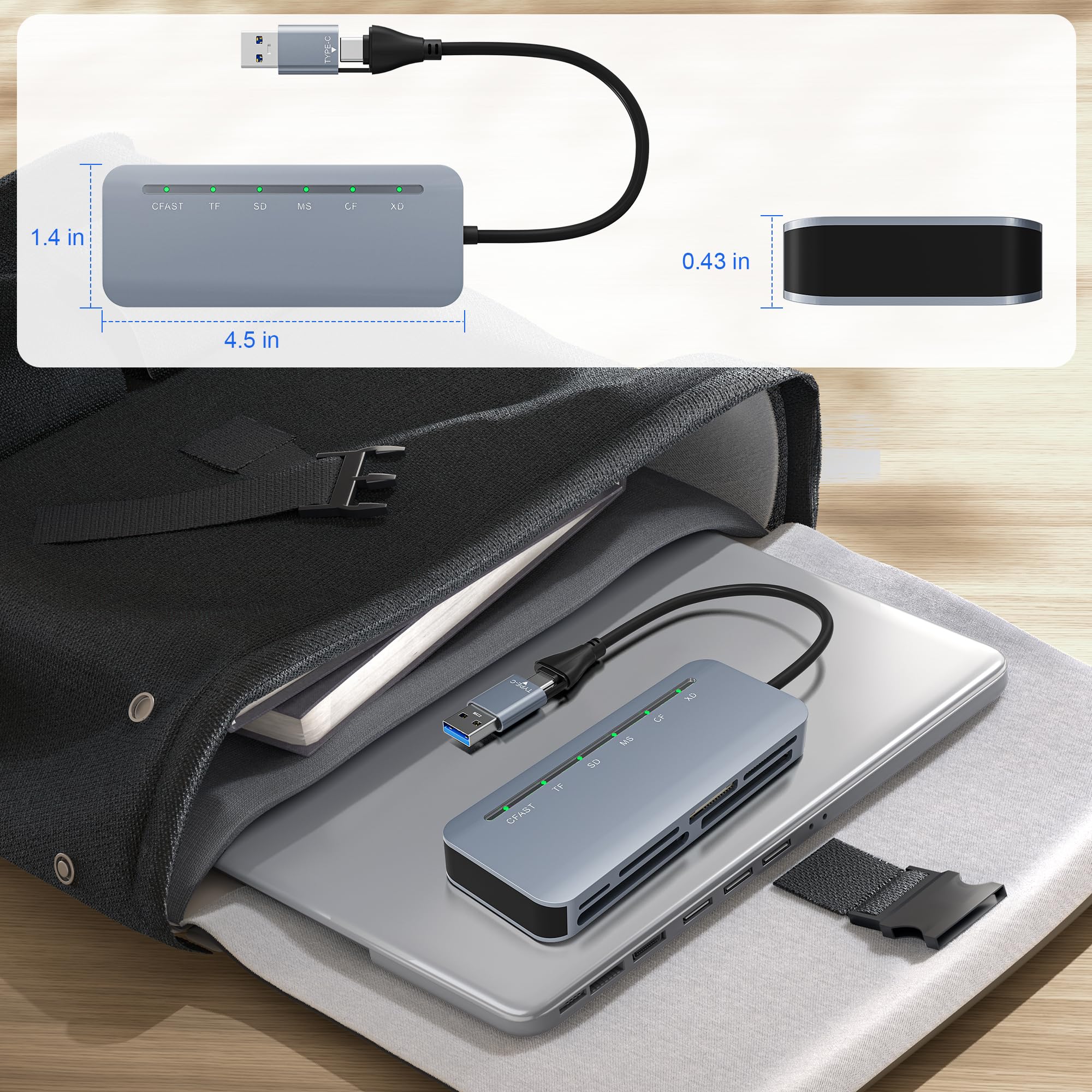6-in-1 CFast 2.0 Kartenleser – USB 3.0 5 Gbit/s | Gleichzeitiges Lesen von CFast/CF/SD/TF/MS/xD | Aluminiumgehäuse | Dual USB-C & USB-A | Kompatibel mit iPhone 17/16/15, Android, MacBook, PC