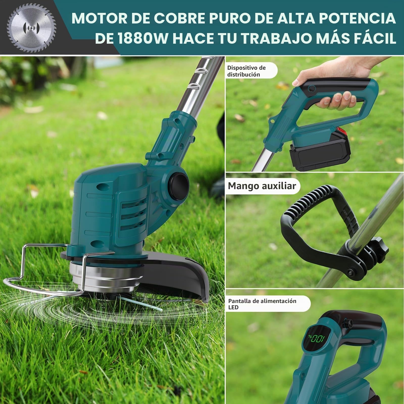 Desbrozadora Bateria 3 En 1, Desbrozadora Electrica para Baterías Makita - Incluye 4 Cabezales Intercambiables, Telescópico, Giro Ajustable 90°, Ideal para Césped y Arbustos (Sin Batería)