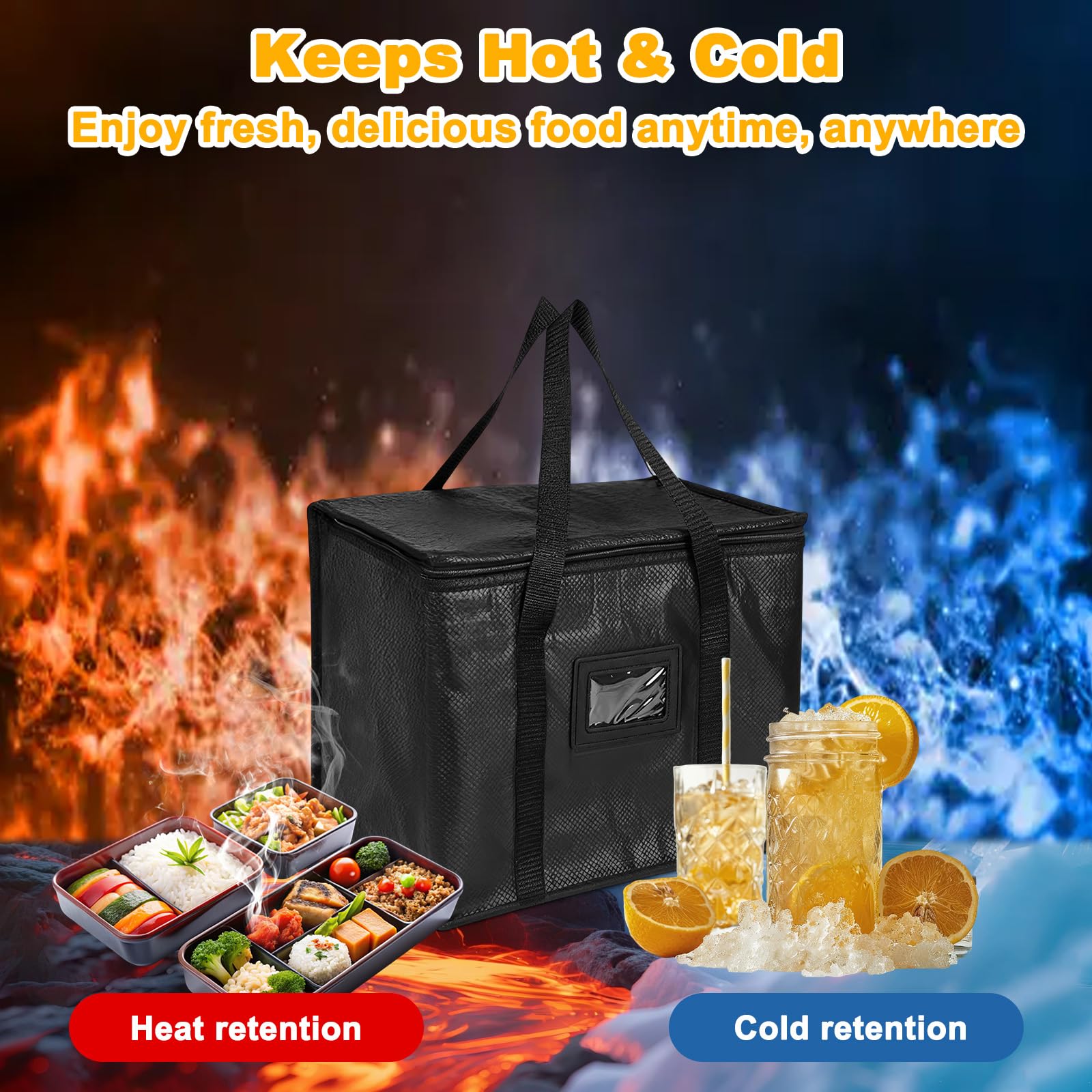Borsa Termica Alimenti Grande 70L con Cerniera, Borse Isolate per Consegna della Pizza Riutilizzabili, Borsa Frigo Cibo Caldo o Freddo Pieghevole, Sacchetti Refrigerati per Campeggio, Barbecue, Picnic