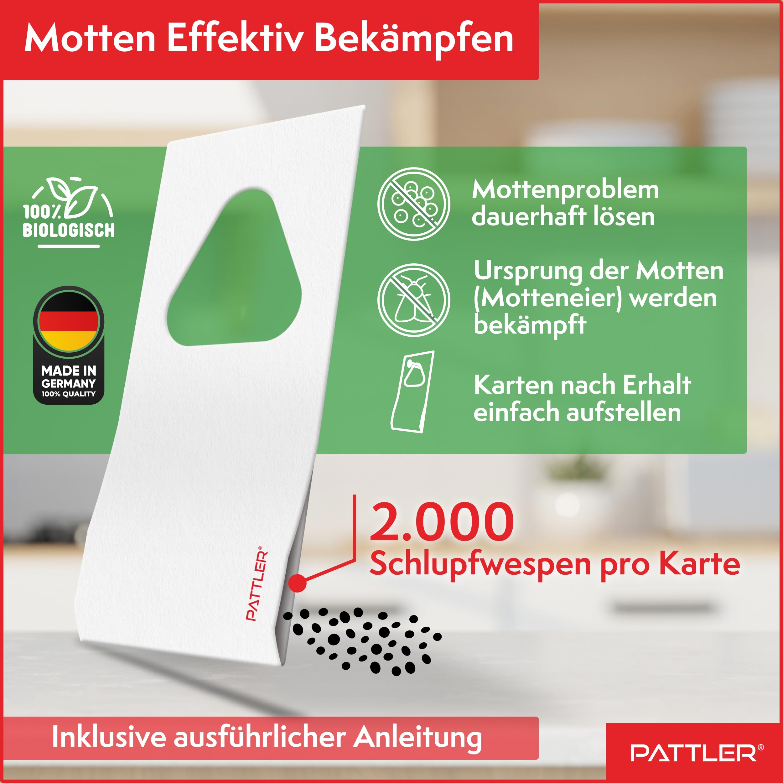 PATTLER® Schlupfwespen gegen Kleidermotten – 4 Karten à 1 Lieferung – Kleidermotten bekämpfen ohne Chemie – Alternative zur Mottenfalle, Mottenspray & Pheromonfalle