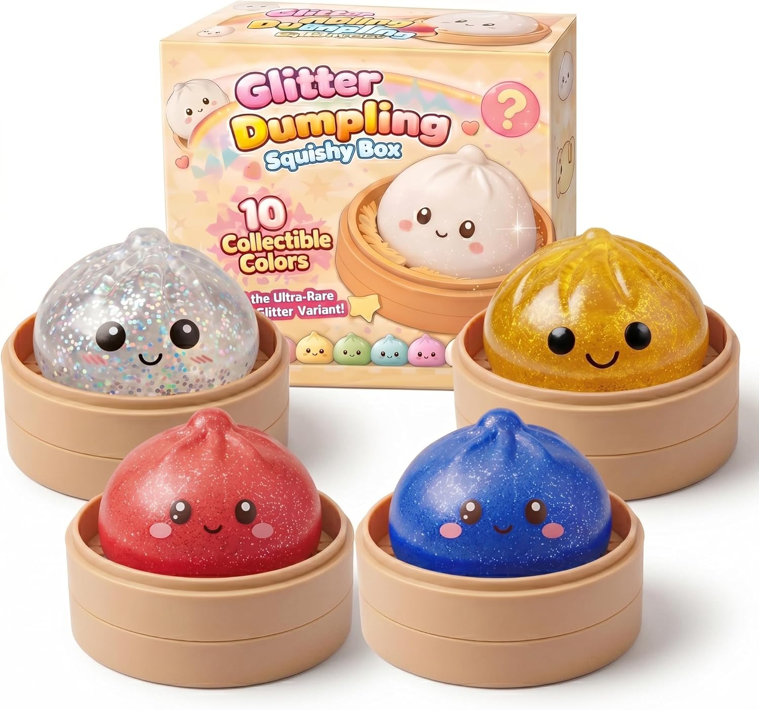 Glitter Dumpling, Glitter Dumpling Squishy Box, Squishy Bao Bun, Squeeze Dough Ball Stress Relief Hand Toys with Food Steamer (4 Color, Transparent)