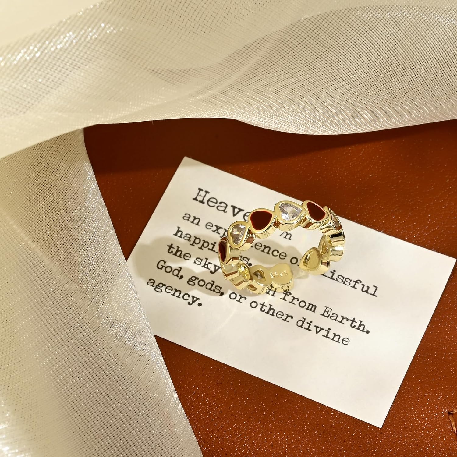 Gold Heart Ring for Women Adjustable with Cubic Zirconia and Red Enamel Stackable Rings for Daily or Wedding - Image 7