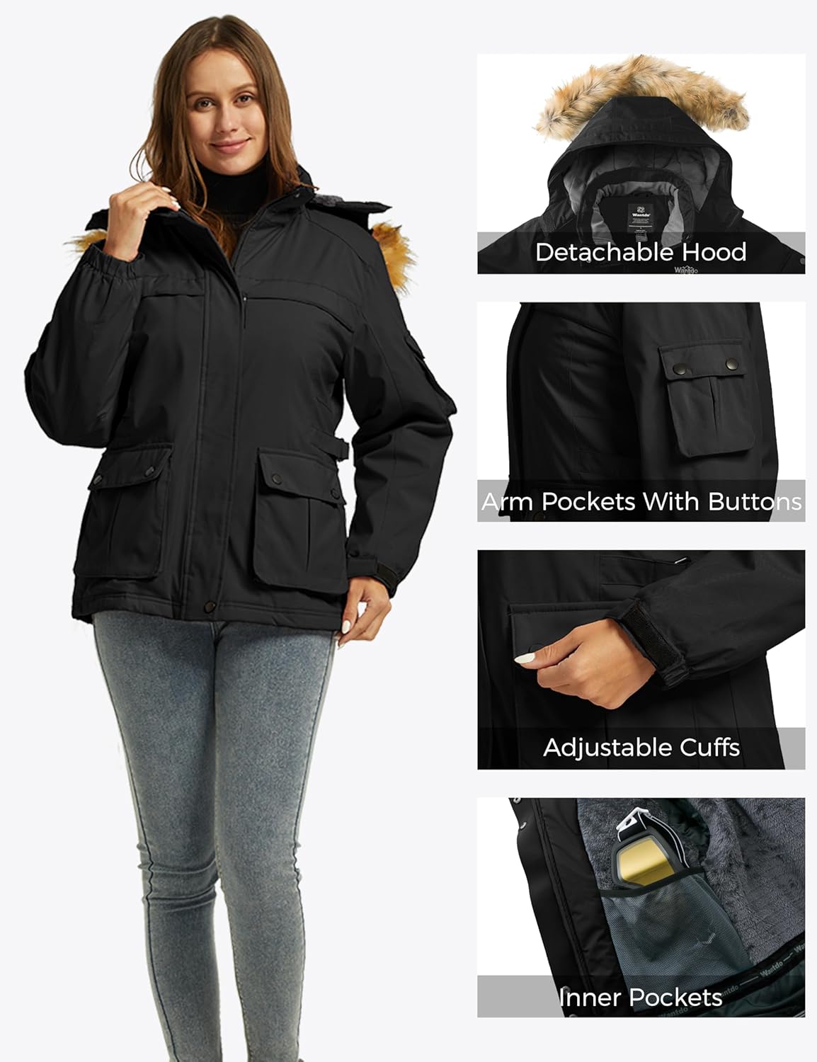 Wantdo Women's Waterproof Ski Jacket Windproof Winter Snow Coat Mountain Snowboarding Jackets Outdoor Fleece Parka