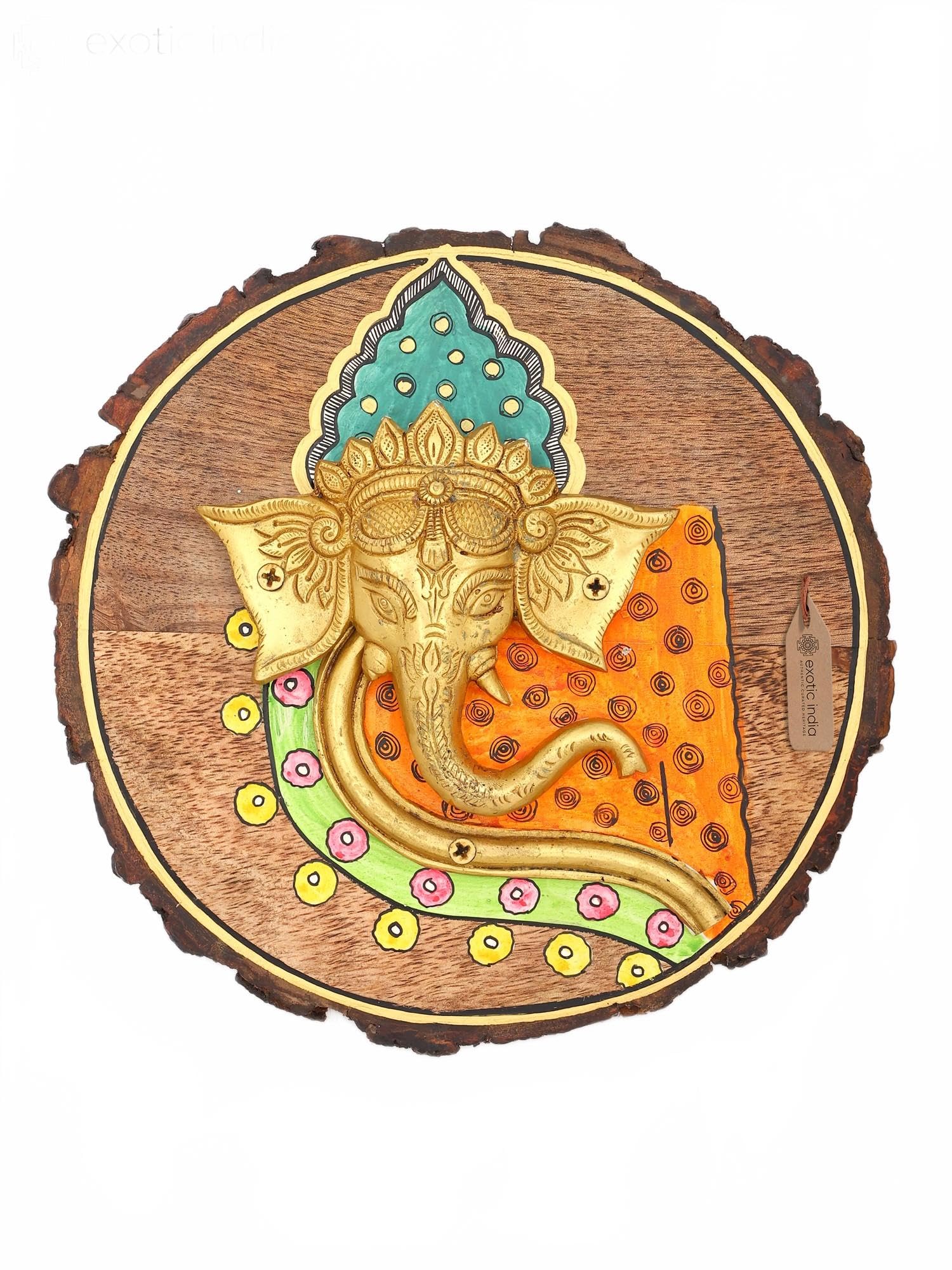 Exotic India Ręcznie malowany drewniany oprawiony mosiądz lord Ganesha twarz wisząca na ścianę do domu | dekoracja pokoju puja | prezent Diwali