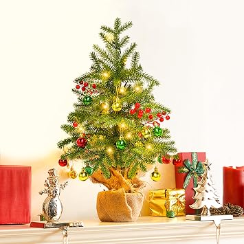 Mini Christmas Tree Small with Lights - EXKRAEFT 22 Inch Small Christmas Tree with 30 LED Lights & DIY Ornaments, Prelit Tabletop Christmas Tree Table Top Christmas Tree with Lights for Xmas Decor