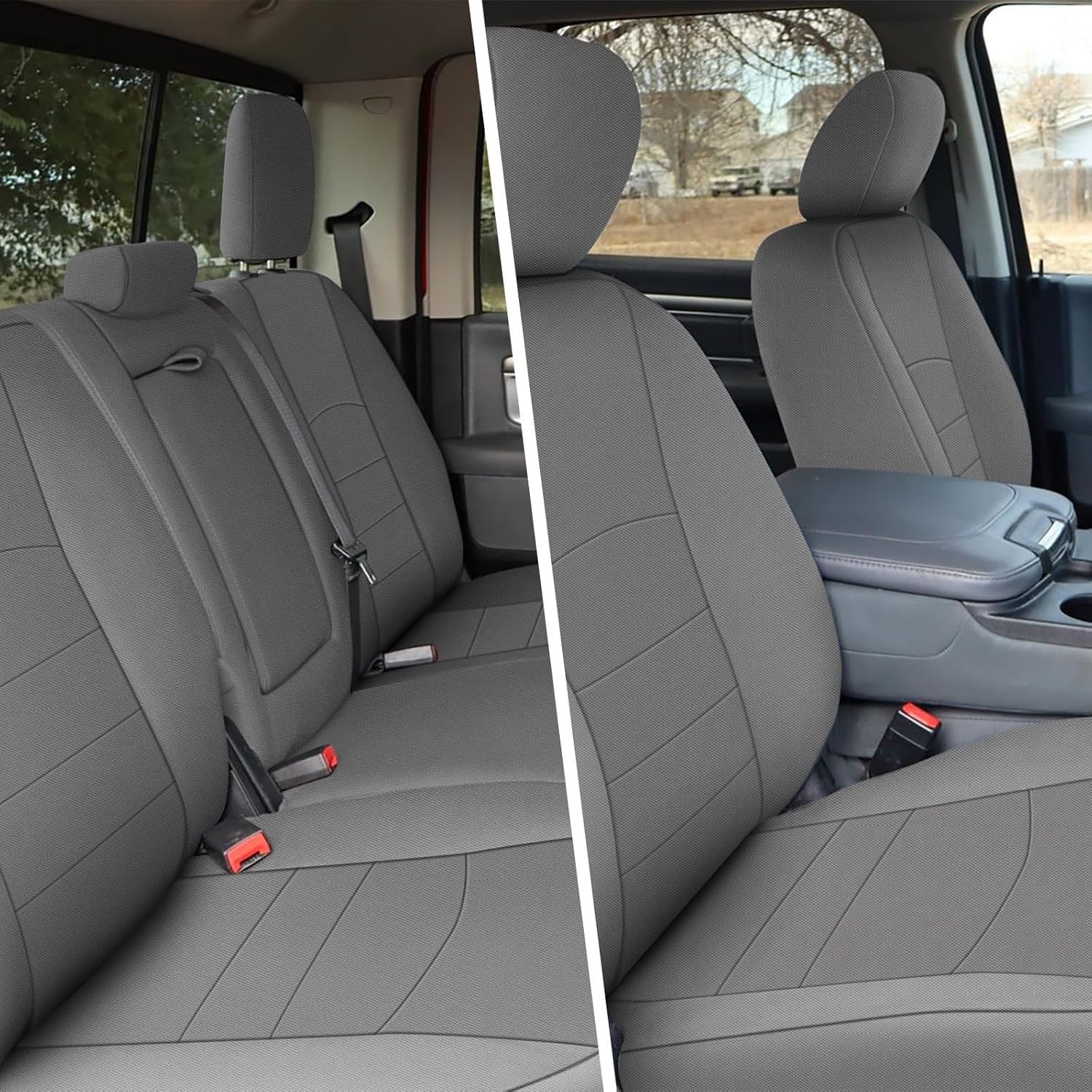Seat Covers Compatible with 2009-2021 Dodge Ram 1500 & 2010-2018 Ram 2500/3500, Knitted Fabric Front & Rear 60/40 Split Seat Complete Set, Black, Gray (Gray, Front & Rear)