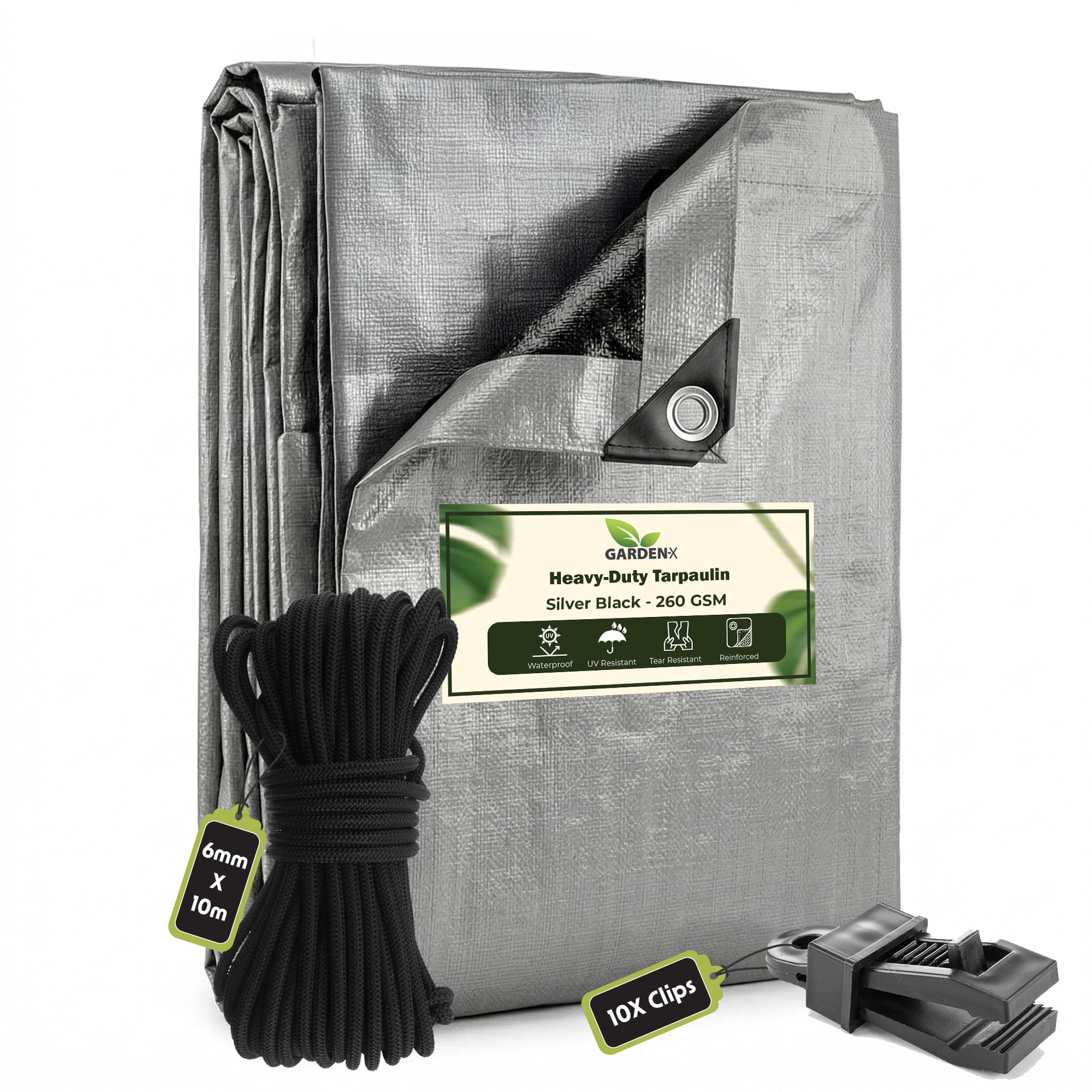 GARDENIX 4m x 4m Silver Heavy Duty 260gsm Tarpaulin Waterproof Tarp Sheet Cover, Groundsheet, Multipurpose, Reinforced Eyelets with 10m of 6mm Bungee Rope and 10 x Slide Type Tarp Clips