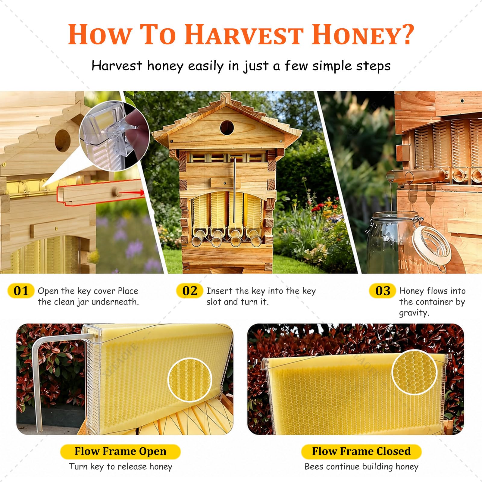 Kit de Inicio de Colmena & Flow Hive, Caja de Abejas de Madera Completa con 4 Cuadros Flow, Ventana de Observación, Grifo de Miel, para Principiantes y Apicultura de Patio