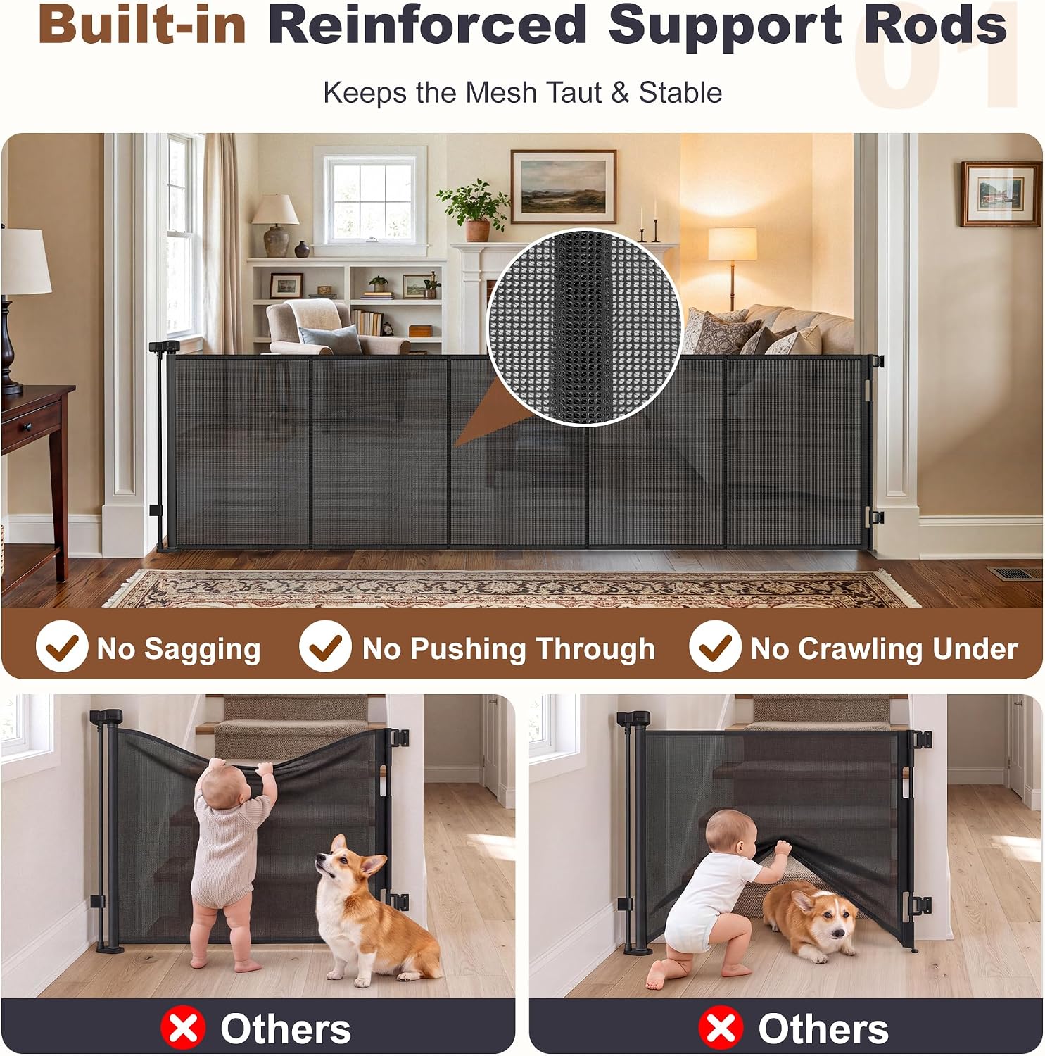 GRENFU Reinforced 100 Inch Wide Retractable Baby Gates 33" Tall, Long Dog Gate Retractable Gate with Support Rods to Prevent Crawling Through, Extra Wide Retractable Dog Gate for Indoor/Outdoor, Black