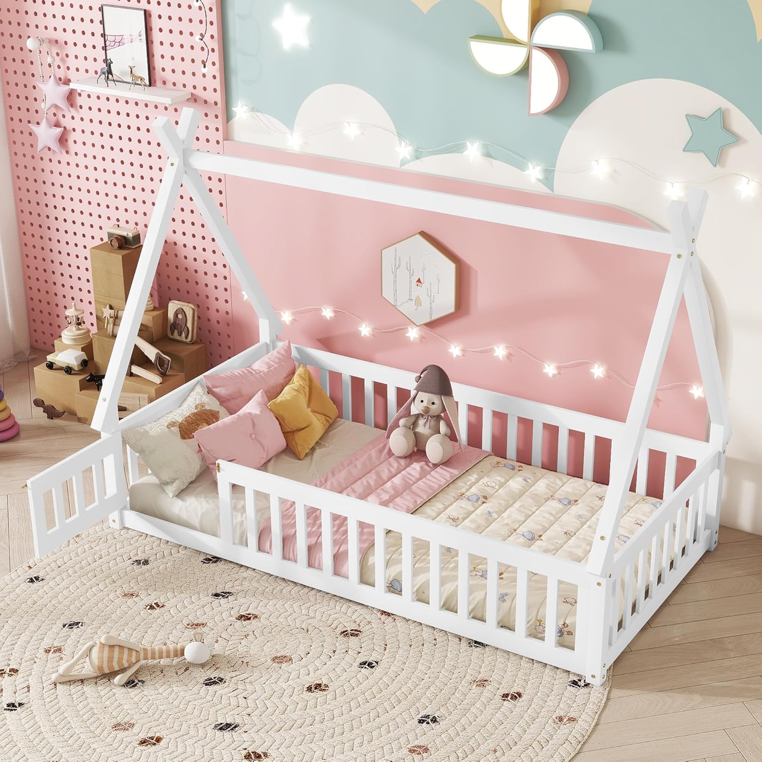 Twin Floor Bed for Kids Tent-Shaped Montessori Floor Bed with Slats and Guardrails Twin Size Wood Teepee Bed Frame with Fence and Door for Boys Girls, White