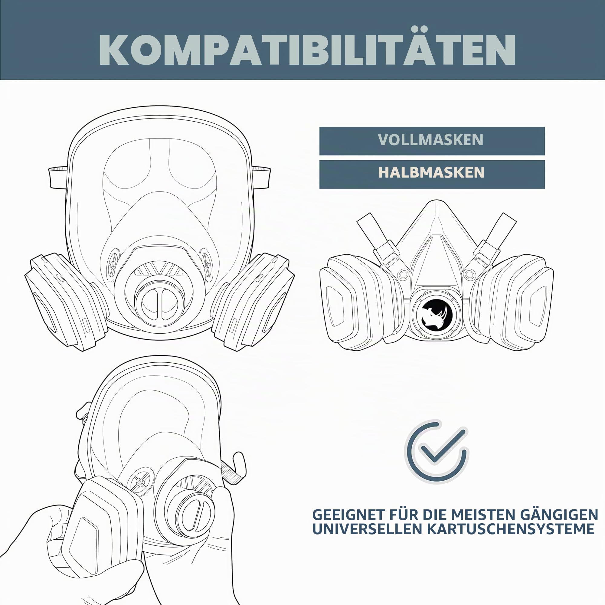 Set mit 2 Rhino ABEK1-Aktivkohlekartuschen (Organische, Anorganische Dämpfe, Saure Gase und Ammoniak) für Vollmasken und Halbmasken vom Typ RH-M101, RH-7011 und andere Maske