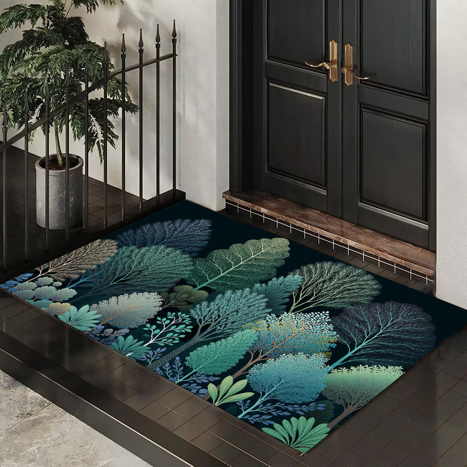 Tapis d'entrée de porte paillasson vert forêt dense decorroom 60x90