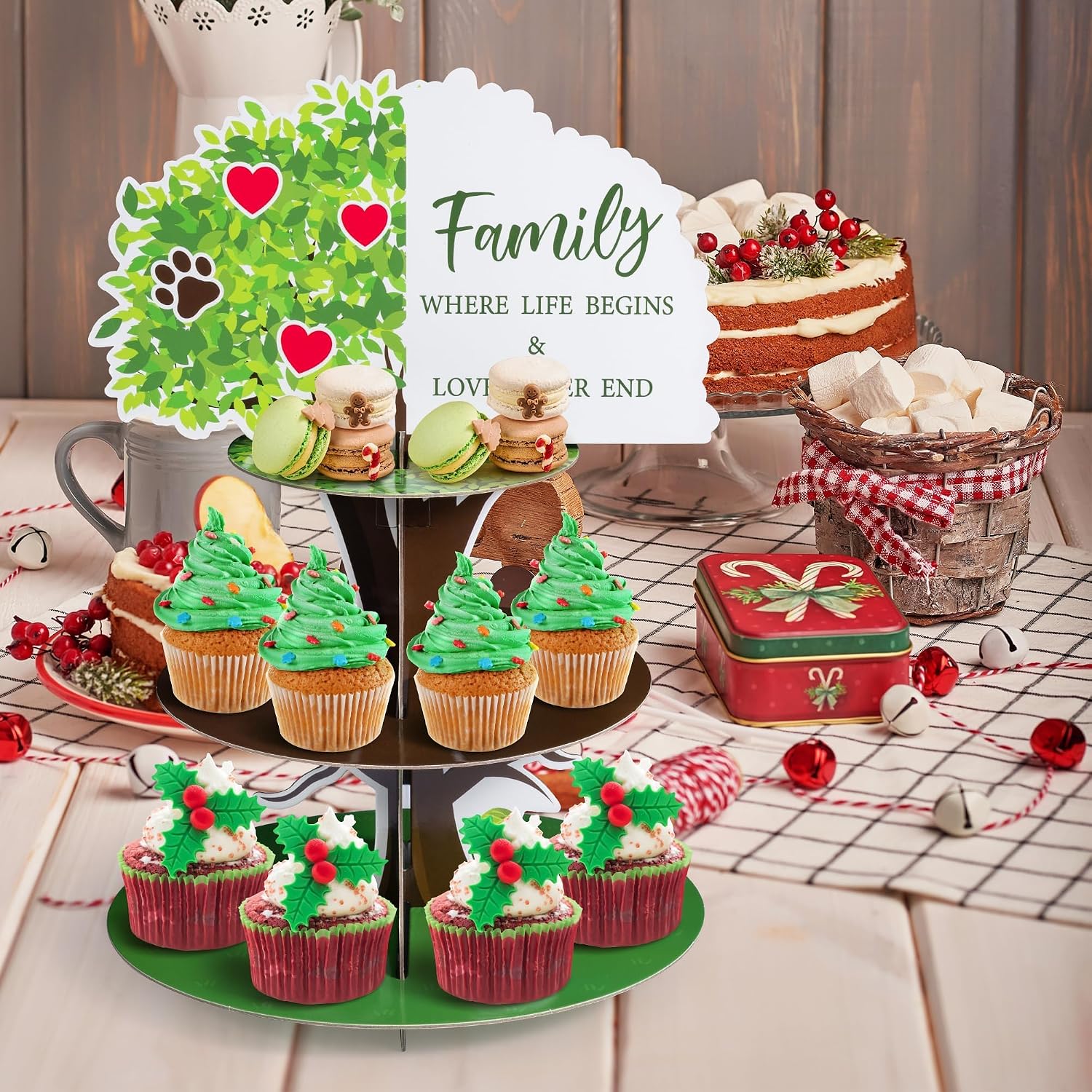 ANGOLIO 3 Tier Family Tree Cupcake Stand Party Supplies Cactus Birthday Cupcake Holder Talking Party Dessert Tower Outdoor Family Reunion Decorations Baby Shower Wedding Supplies for Boys Girls Women