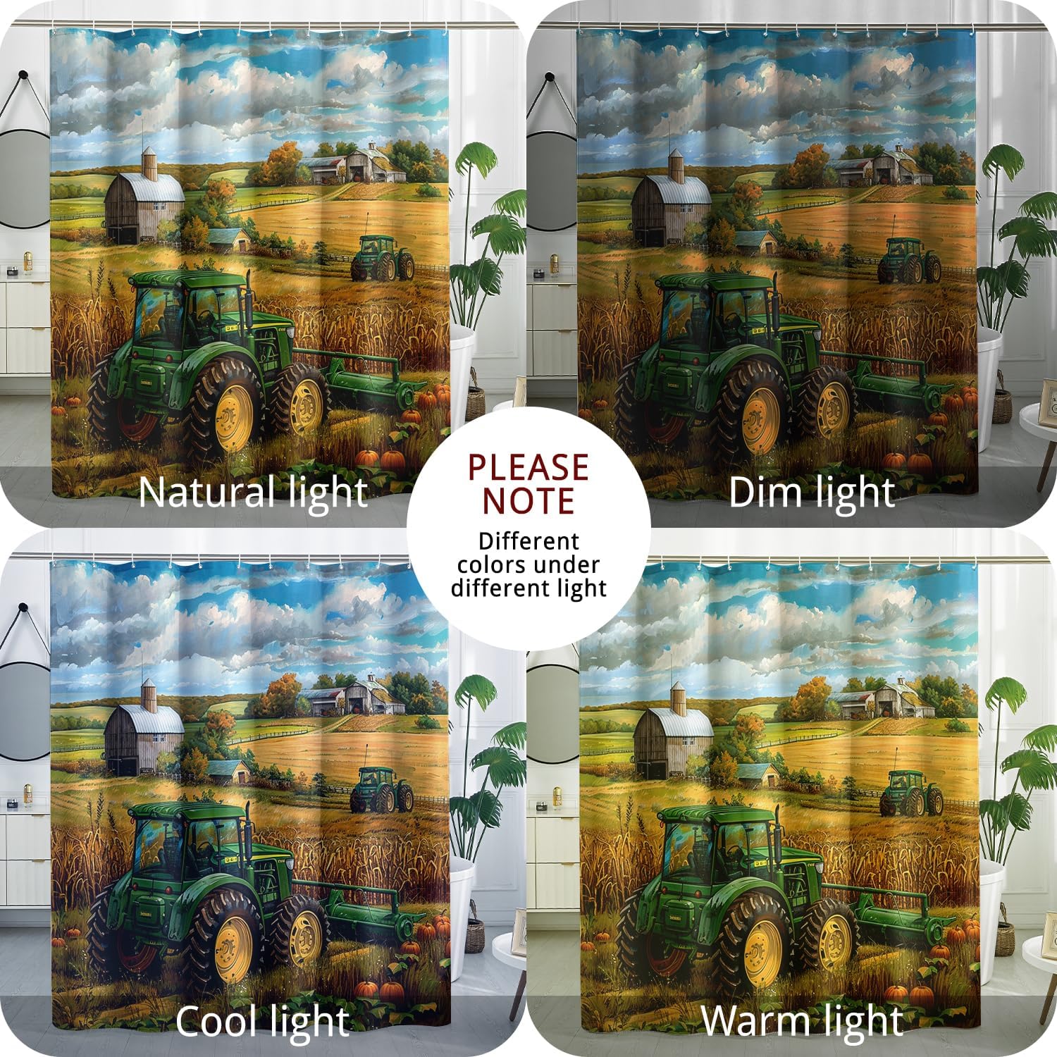 Fall Green Tractor Shower Curtain, Autumn Cool Farmhouse Scene Shower Curtains for Bathroom, Farm Country Fabric Bath Decor Accessories Set -72"x78"