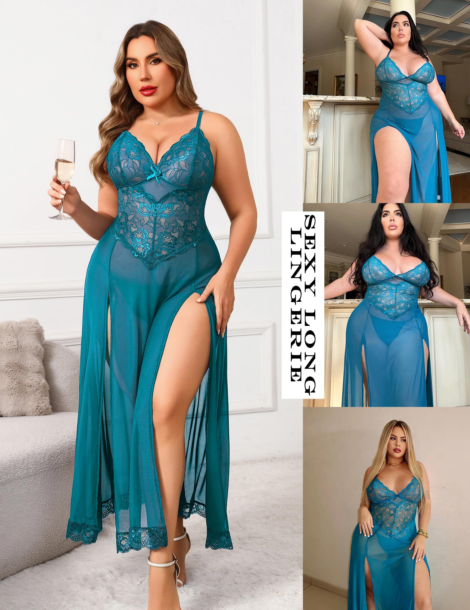 Avidlove Plus Size Lingerie for Women Sexy Lace Babydoll Long Lingerie Dress Side Split Nightgown: Blue Green X-Large