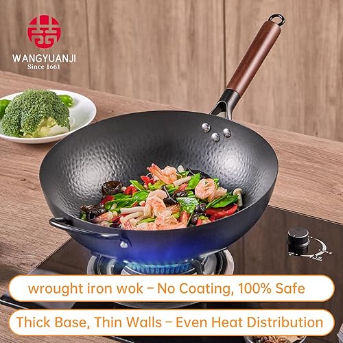 Miniatura 4 de WANGYUANJI Wok de hierro, wok chino de 13.4 pulgadas con tapa, sartén de fondo plano, sin productos químicos para todas las estufas, wok de hierro