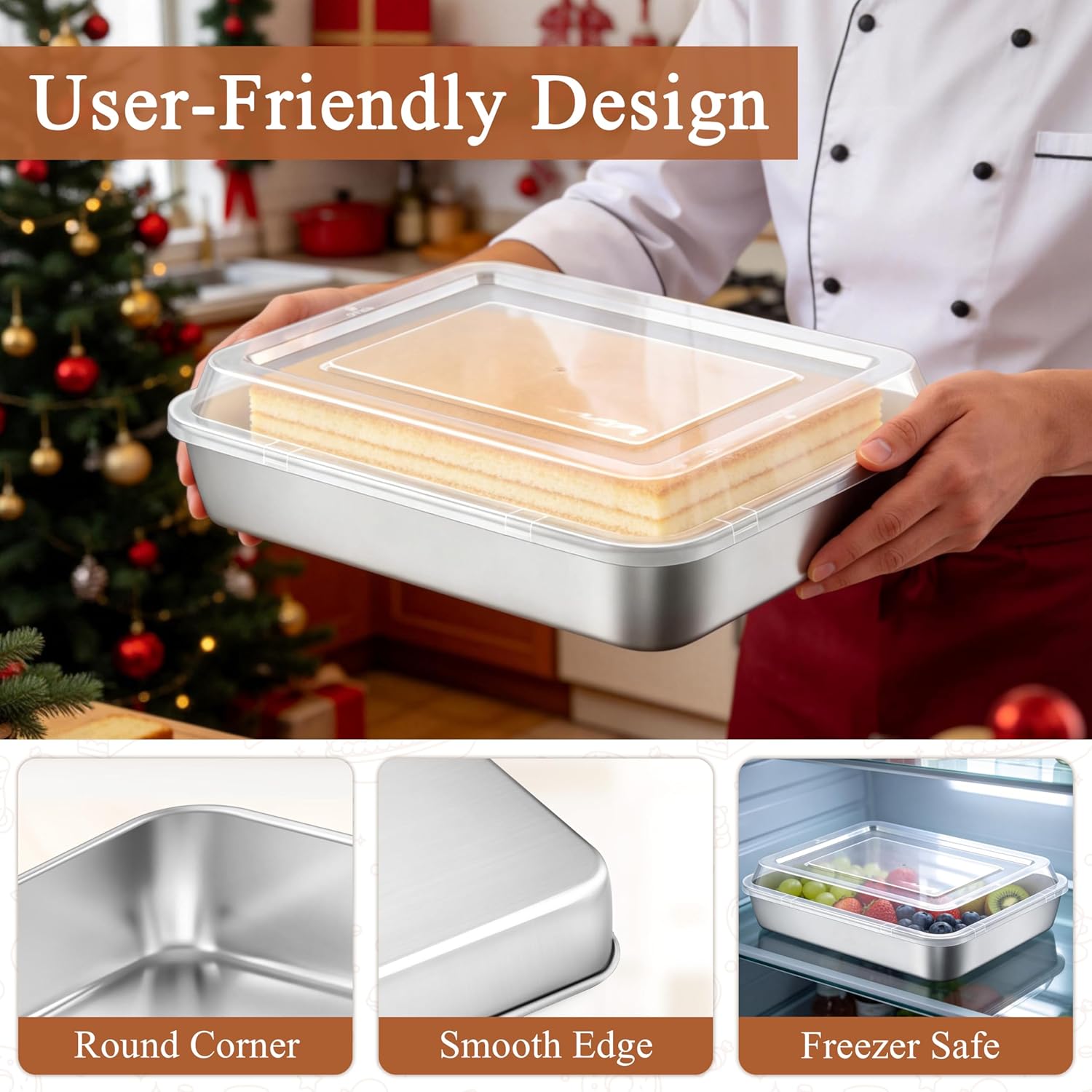 LIANYU 2 Pack Stainless Steel Baking Pan with Lid, 12⅓ x 9¾ x 2 Inch Rectangle Sheet Cake Pan, Lasagna Brownie Bakeware Set with Cover, Non-Toxic & Dishwasher Safe (2 Pans + 2 Lids)