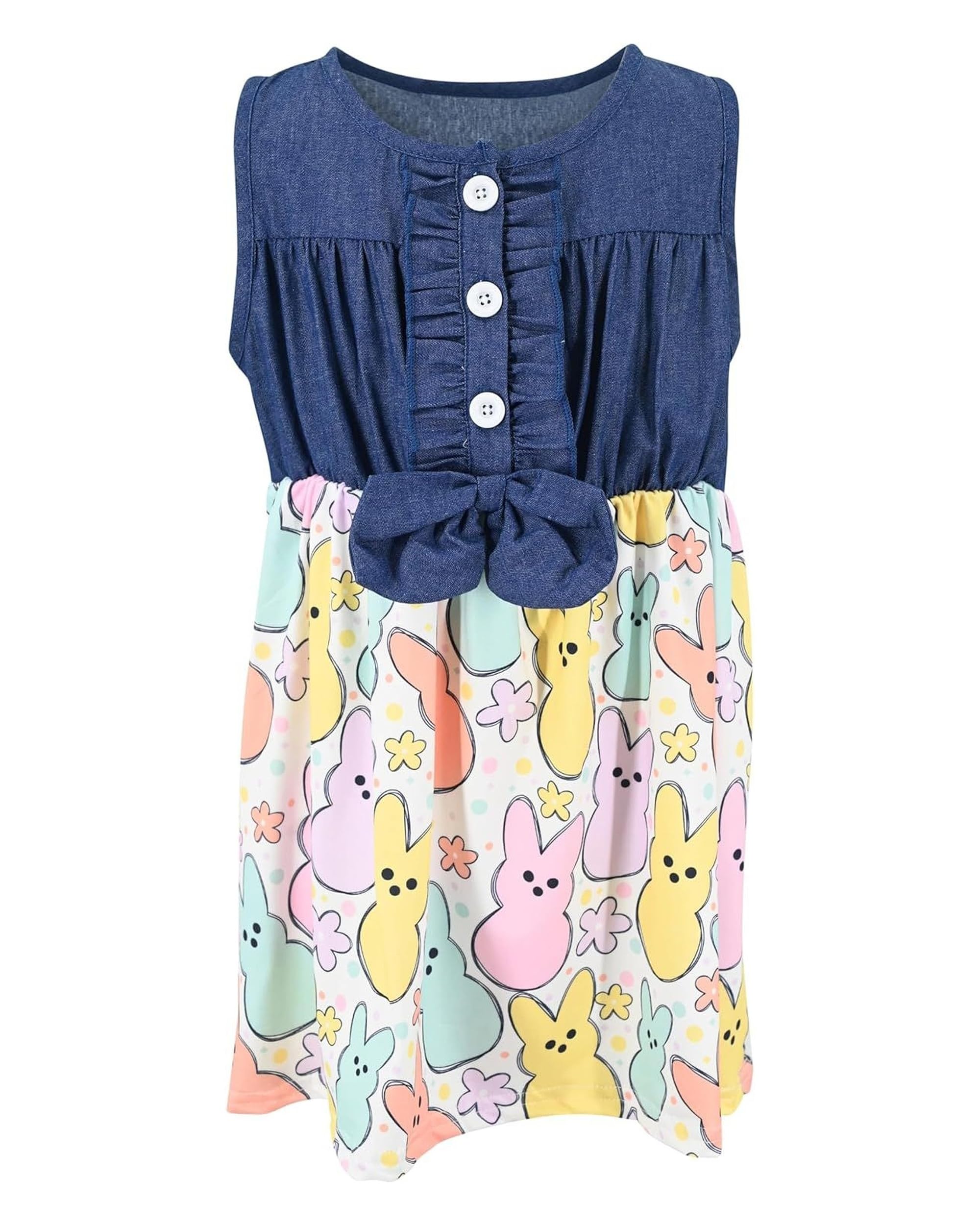Unique Baby Girls Sleeveless Denim Dress with Knot Tie and Fun Print for Toddler and Big Kids