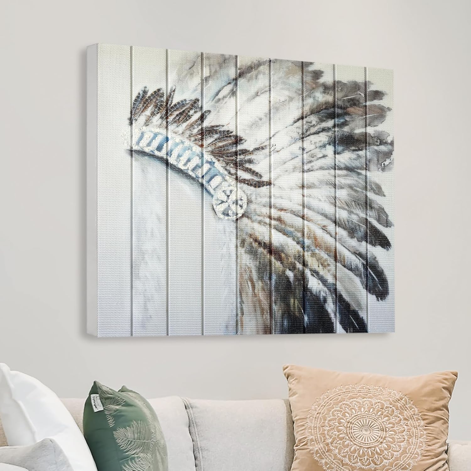 llribbons Feather Headdress Ribbon Wall Art Boho Wall Decor Handmade Ribbon Canvas Painting Modern 3D Woven Unique Textured Prints for Living Room Bedroom Bathroom Office Kitchen Home Decor 20" x 20"