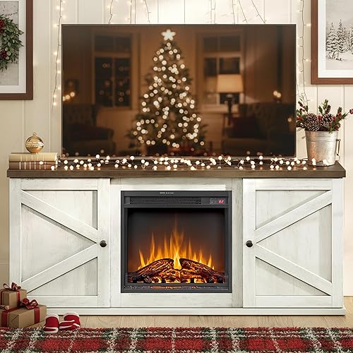 VASAGLE Fireplace TV Stand for TVs up to 65 Inches, 18-Inch ELectric Fireplace with Remote, Farmhouse Entertainment Center, Media Console Table for Living Room, Rustic White and Honey Brown ULTV540W01