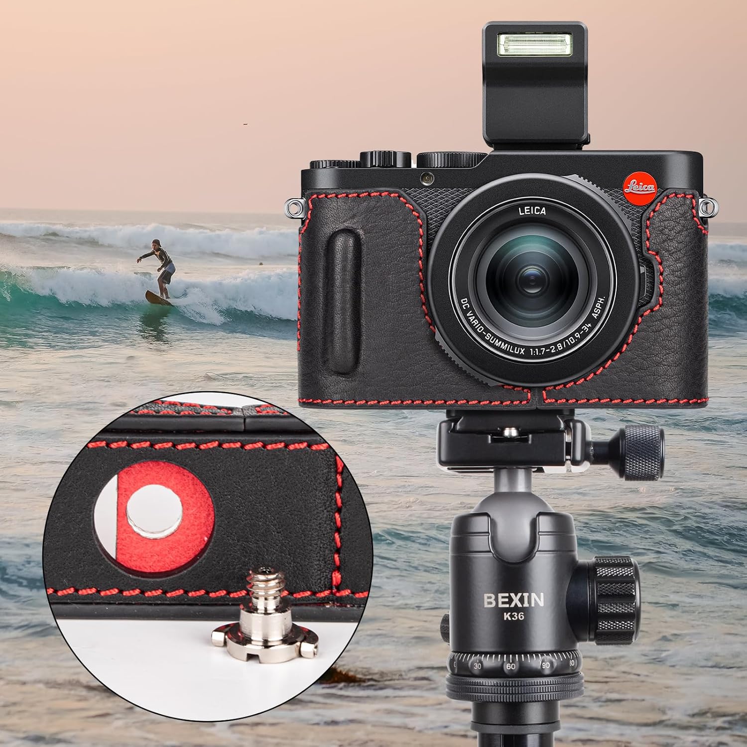 MUZIRI KINOKOO Case for Leica D-LUX 8 Camera - Retro Style Genuine Leather Half Protective Case for Leica D LUX 8/ D-LUX8 Camera - with Opening Bottom and Hand Grip Design - Black Red