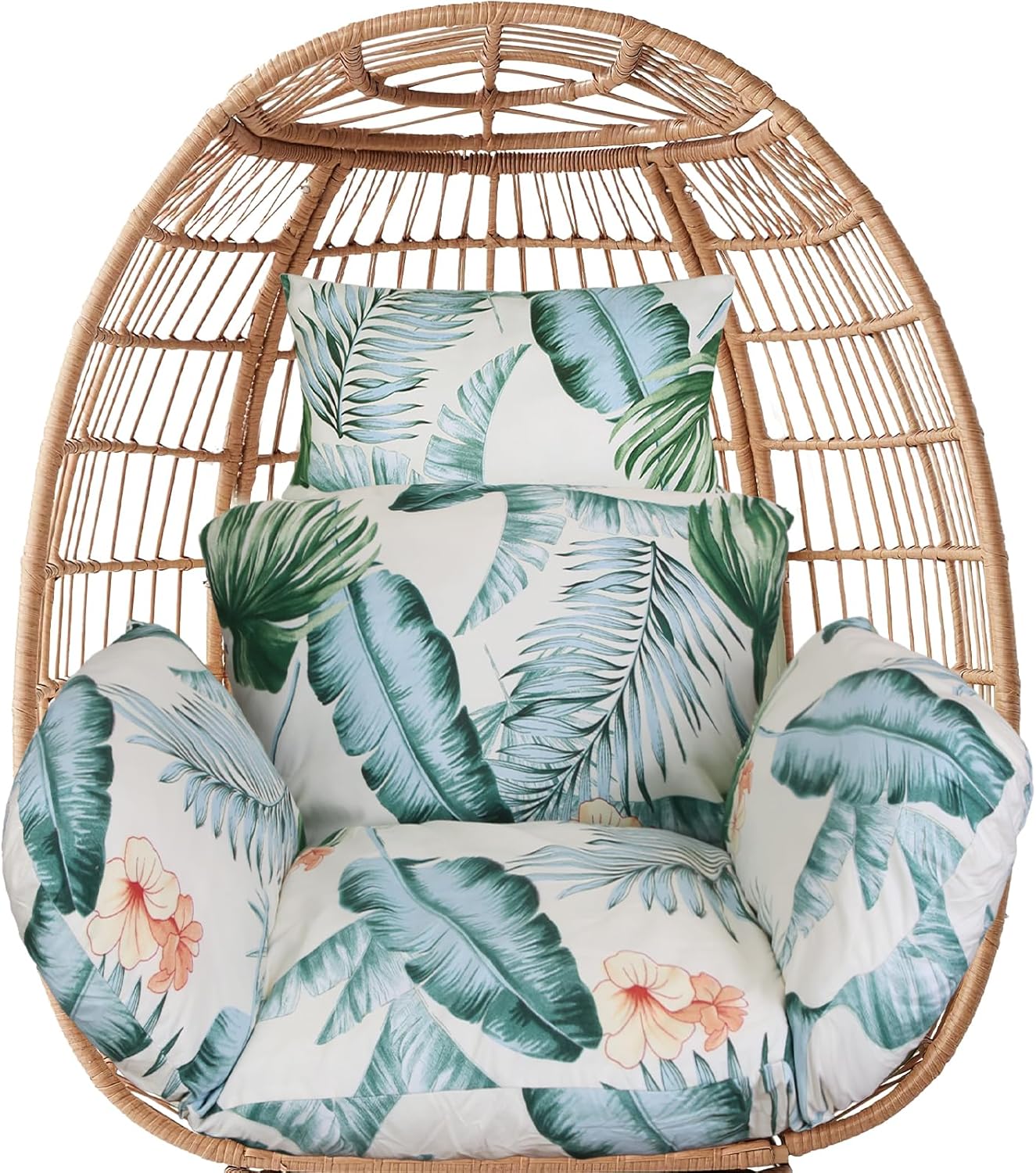 TeqHome Egg Chair Cushion Replacement, Hanging Basket Swing Chair Cushion with Headrest, Removable & Machine-Washable for Indoor Outdoor, Backyard Patio(Beige_BlueLeaf)