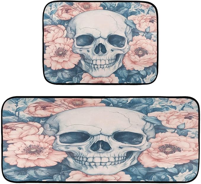 Kitchen Mats Set of 2 Cushioned Comfort Non-Slip Absorbent Washable Kitchen Rugs, Sugar Skull Floor Mats for Home