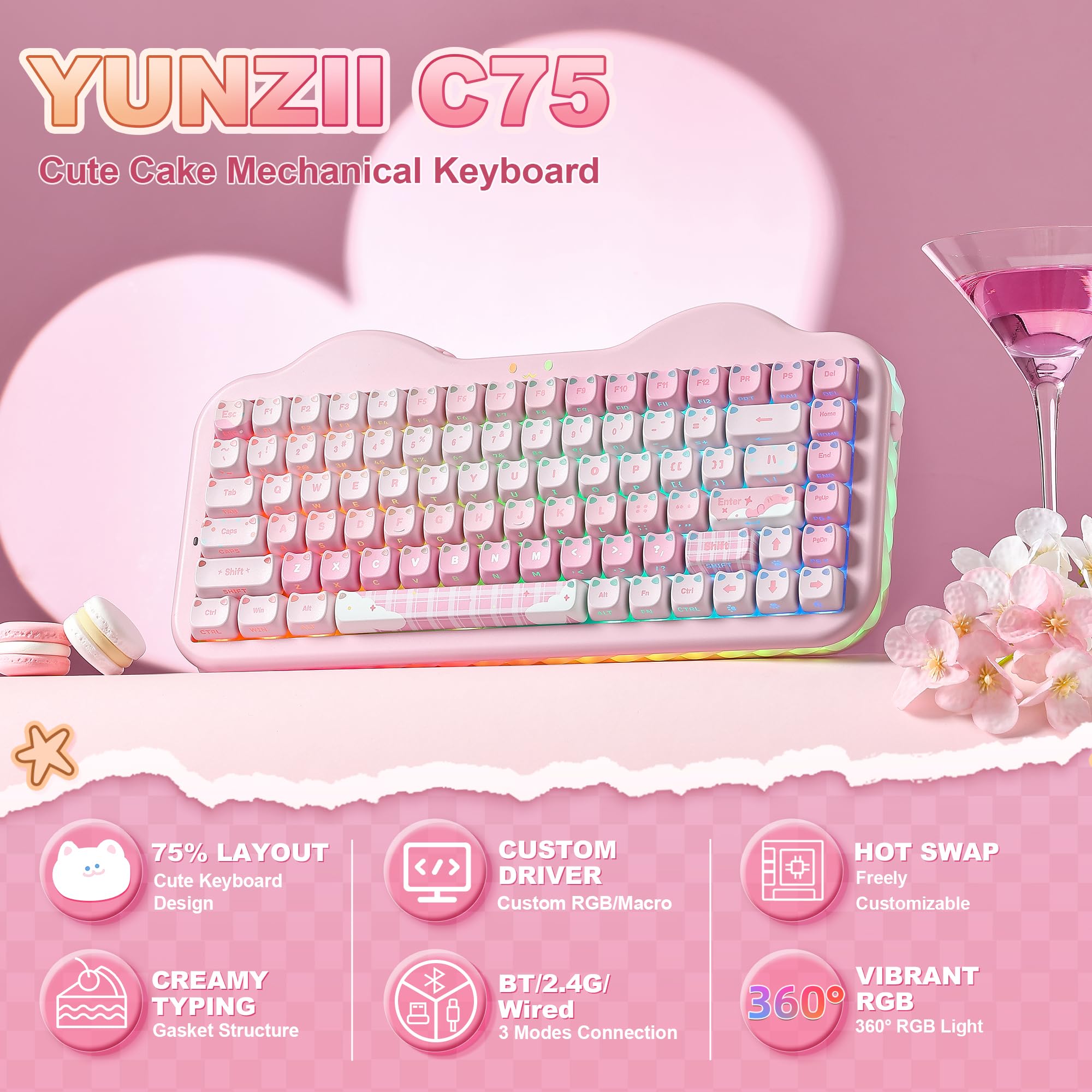 YUNZII C75 Teclado Mecánico Inalámbrico Diseño Pastel (Pink, Candy)