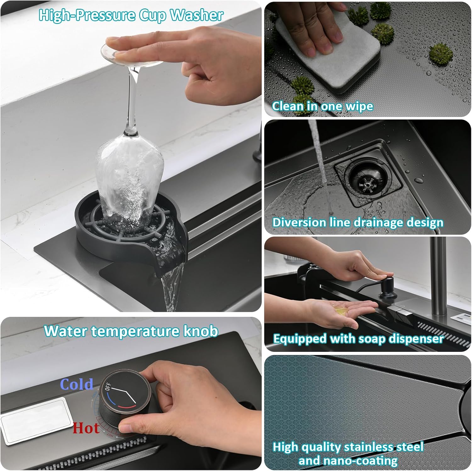 Waterfall Kitchen Sink 33" x 20" Drop-in Single Bowl Sinks, SUS304 Workstation Handmade Undermount Sink With Pull-out Faucet, Cup Washer & Accessories