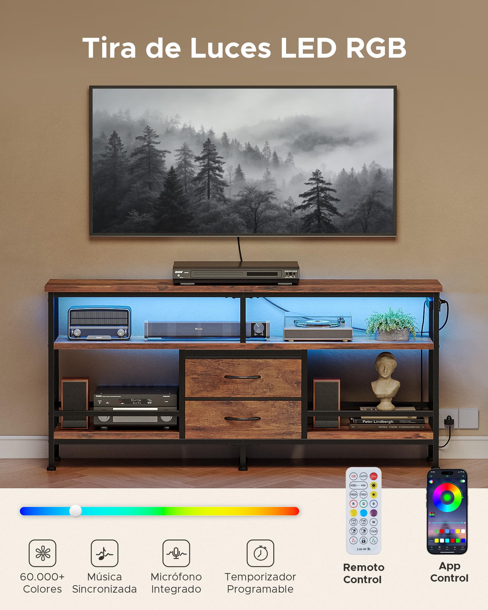 CO-Z Mueble TV Tono Madera 140×30×60 cm, Mueble de Salon para televisores de 43–65 pulgcon Iluminación LED y Estación de Carga Desmontable, Estantes Abiertos con Cajones de Tela