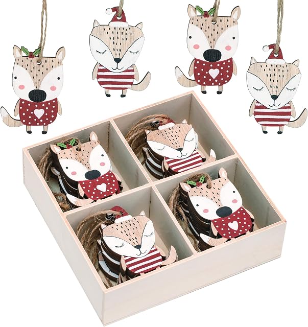Valery Madelyn 24pcs Traditional Red and White Christmas Tree Decorations, Wooden Christmas Hanging Pendants, Fox Shaped Xmas Tree Ornaments for Gift Tag, 2.3inch /5.8cm
