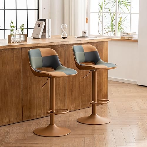 Miniatura 6 de YOUNIKE Juego de 2 taburetes de bar bohemios coloridos de retazos, taburete de bar giratorio ajustable de altura de mostrador, taburete de bar