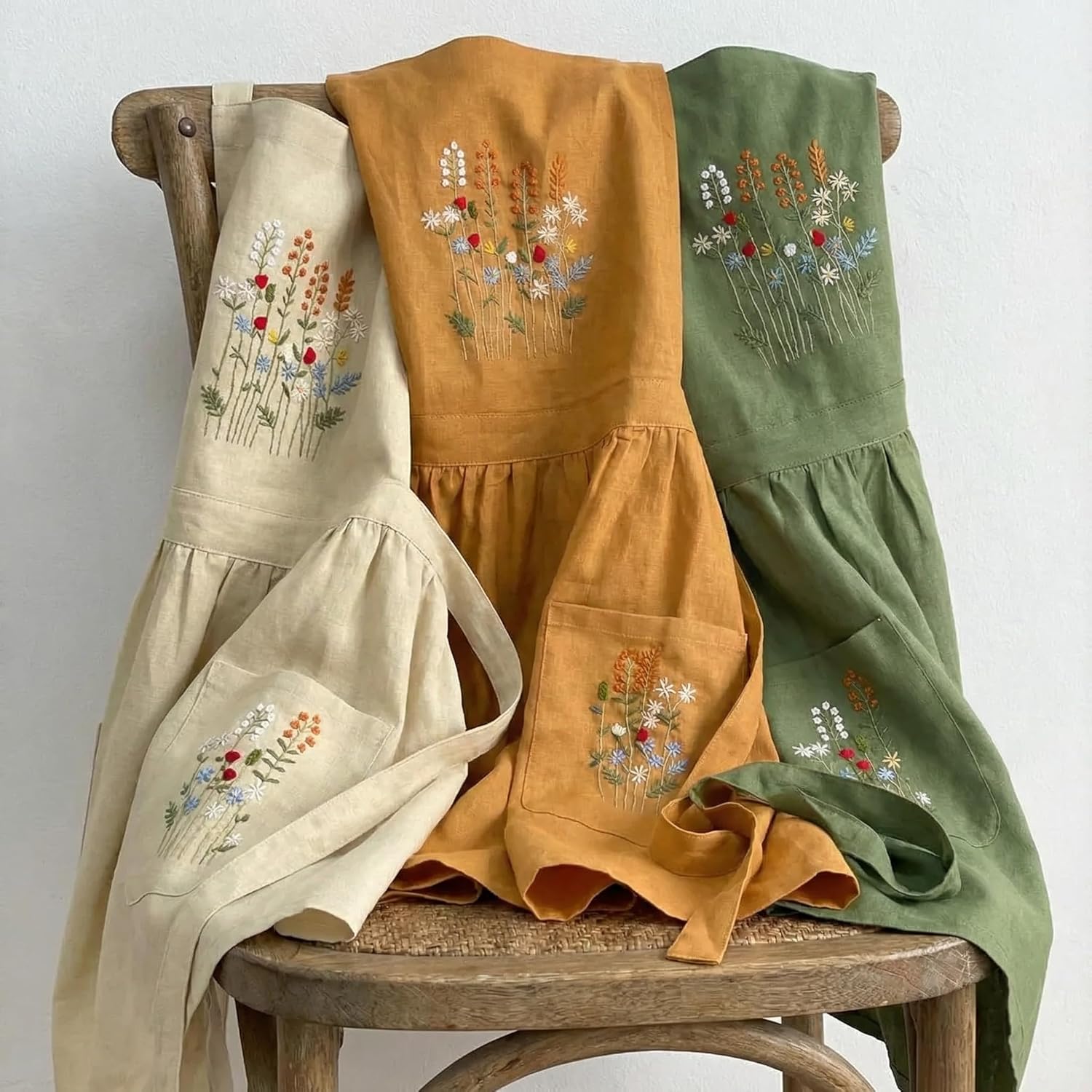 +Linen Embroidered +Apron For +Women With +Pockets, Cute Kitchen Apron, +Cooking +Baking Gifts For Her