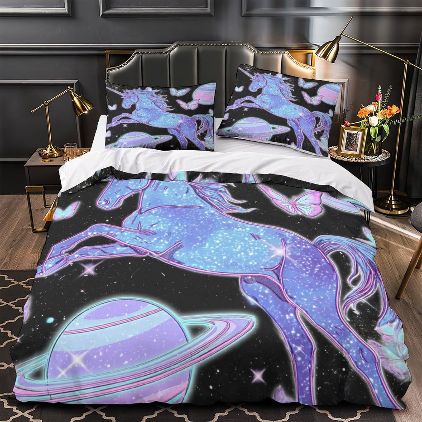 Housse de couette licorne 140x200 pour chambre ado cosmique 3D