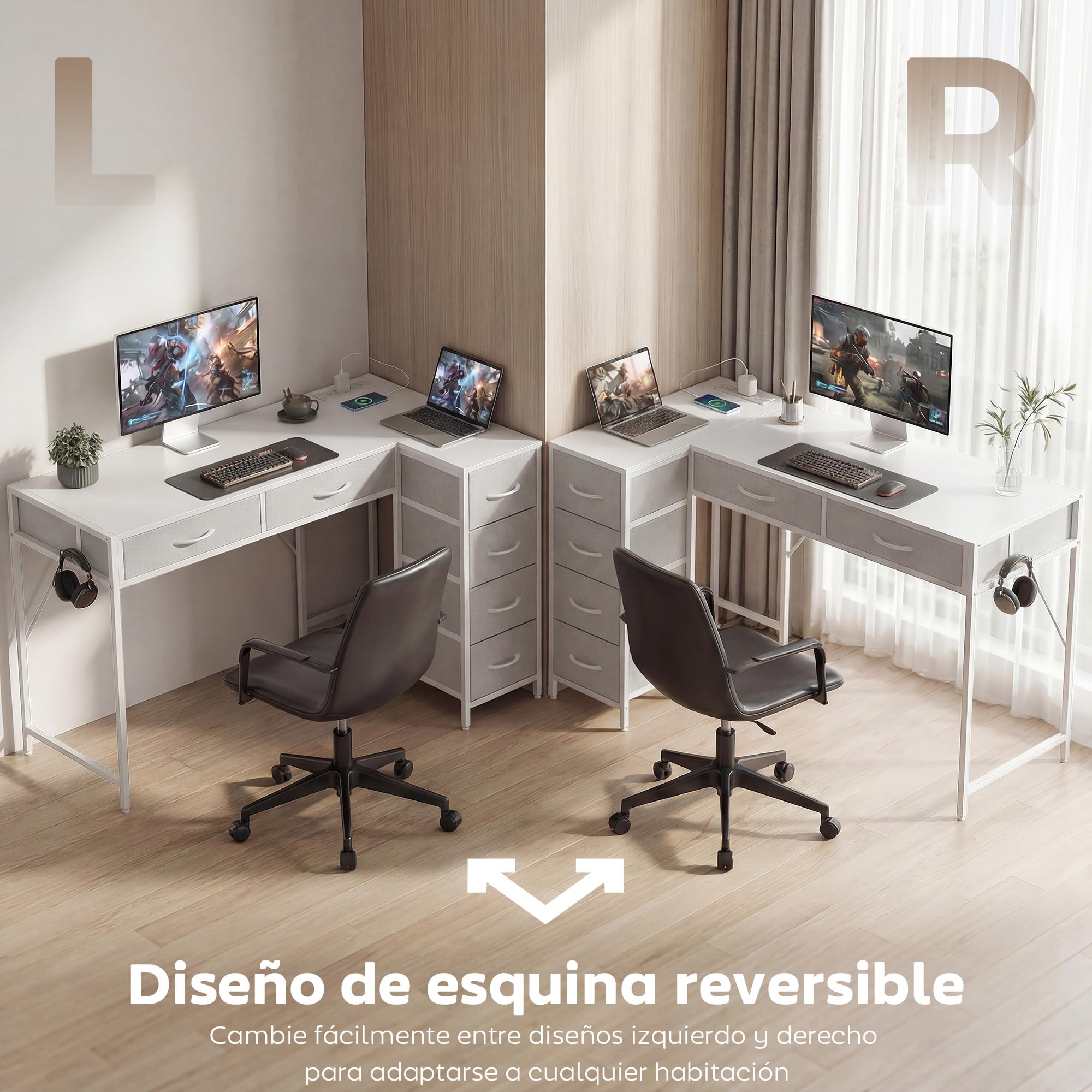 HOMCOM Escritorio Esquinero Reversible con 6 Cajones Tela 126x48 cm Blanco