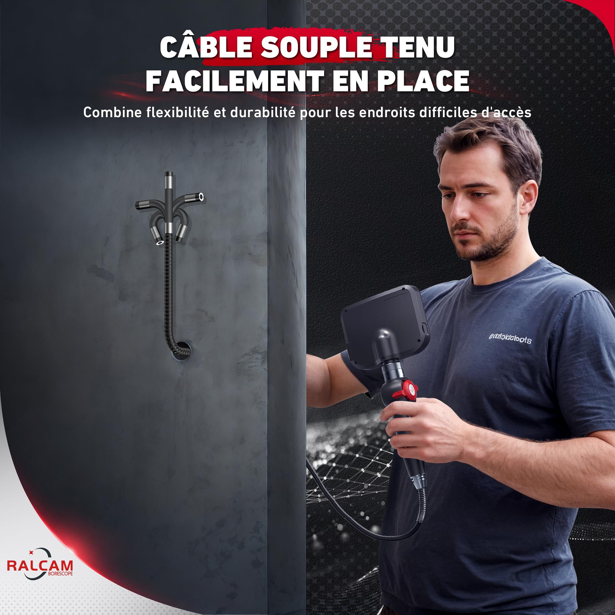 Ralcam Caméra Endoscope Industrielle 4,3" HD 1080P, 8,5mm avec 6 LED, IP67 Étanche, Endoscope Professionnel pour Tuyaux, Automobile et Maison (Sonde Flexible 1m)