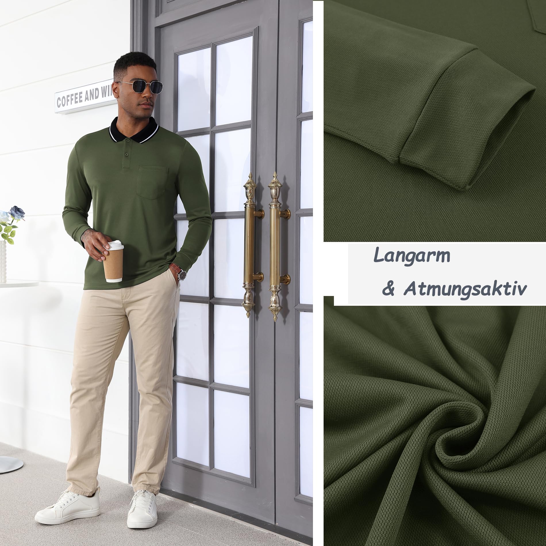 JACKETOWN Polo Uomo Maniche Lunghe Polo da Golf Lavoro Traspirante T Shirt con Taschino Primavera Autunno Camicie per la Pesca Escursionismo