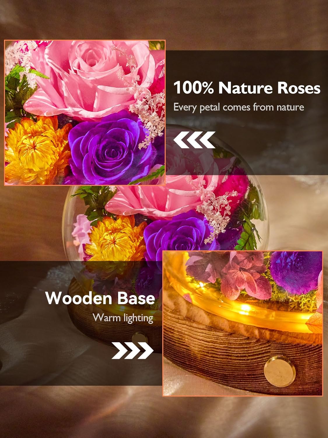 Eterfield Forever Flowers for Delivery Prime, Valentine's Day Rose Gifts for Her, Preserved Roses in Glass Dome, Long-Lasting Flowers for Mom Wife Grandma Birthday Mother's Day Anniversary, Pink - Image 3