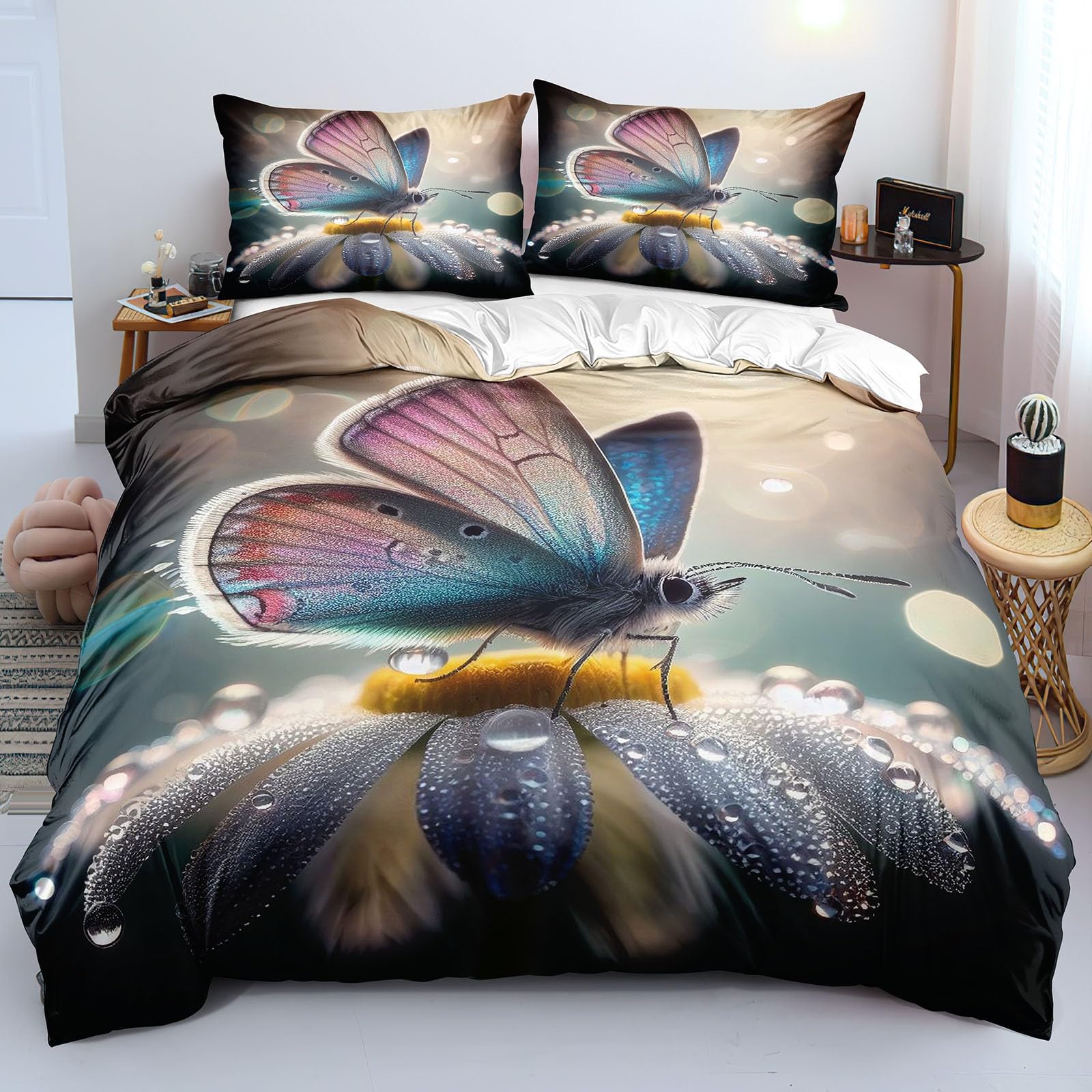 Housse de couette papillon imprimée 3D en microfibre pour lit 2 personnes
