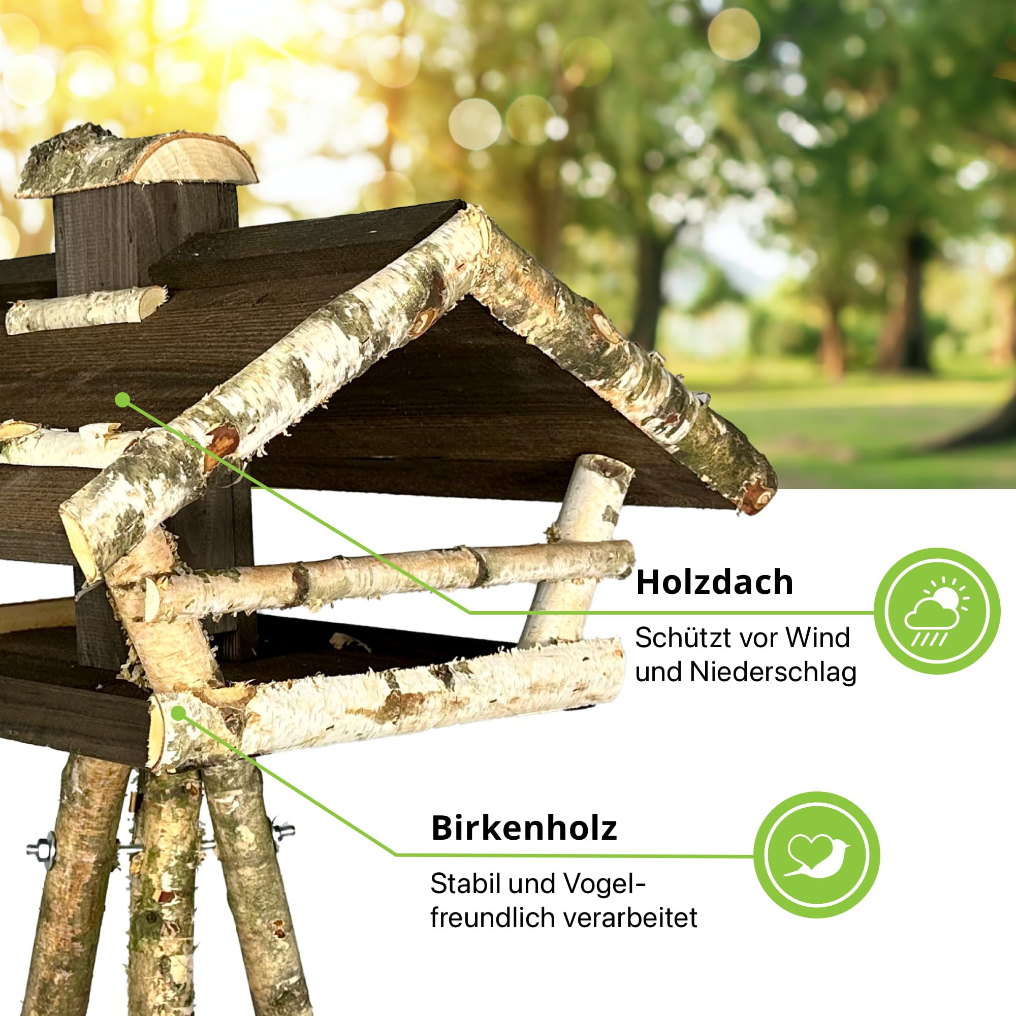 GARTENETAGE Vogelhaus Birke mit Holzdach/Vogelhaus mit Ständer wetterfest und stabil/Vogelfutterhaus mit Ständer/Robustes Vogelhäuschen für Ihren Garten